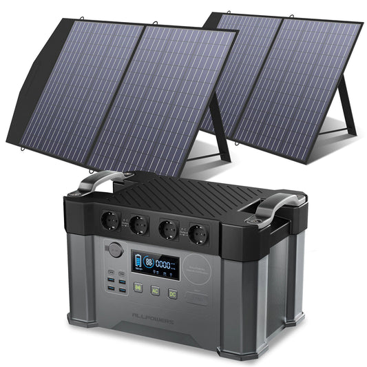 Solar Generator 2000W Battery Charger,110V/230V Pure Sine Wave AC Outlet with 2×100W Portable Solar Panel for Outdoors